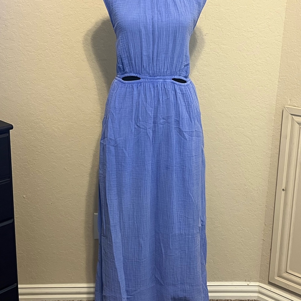 Blue Pleated Sleeveless Halter Maxi Sundress